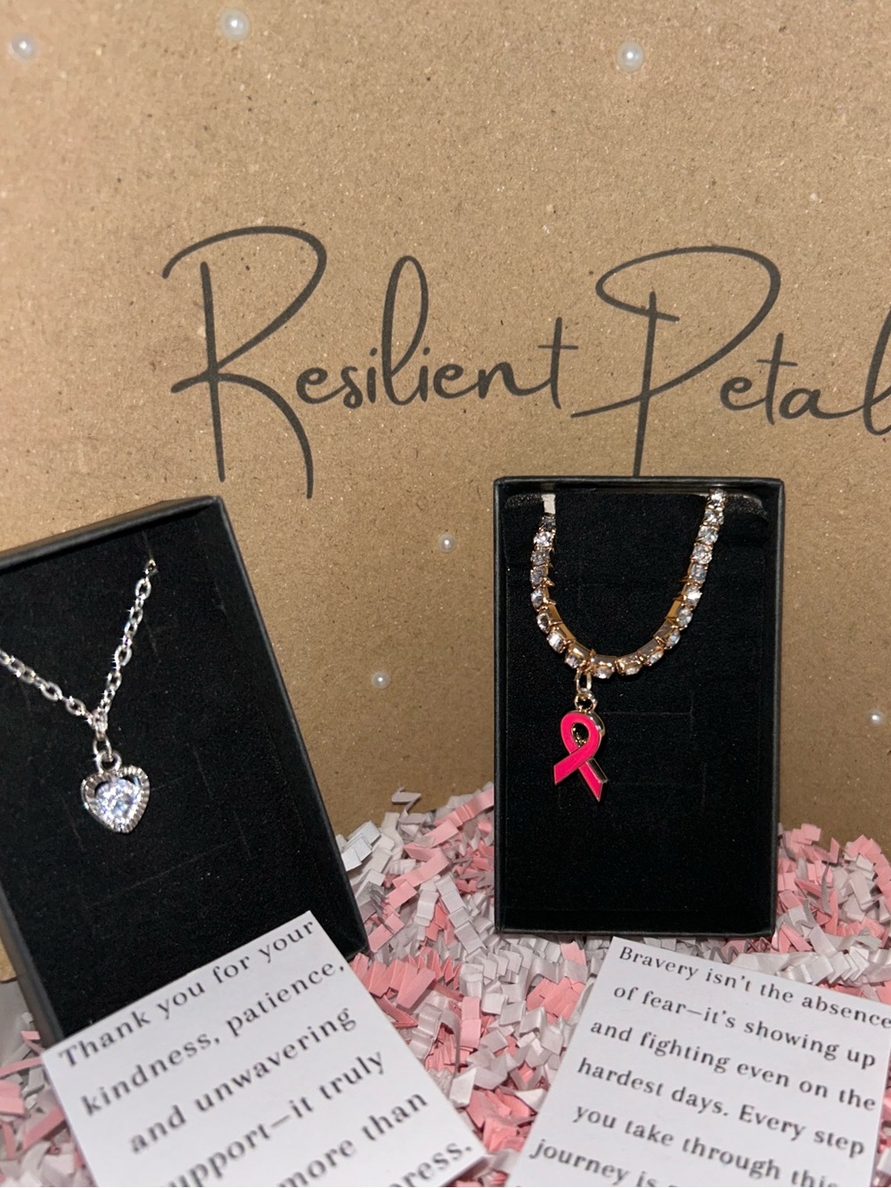 Silver heart crystal necklace & Pink Ribbon Pendant bracelet - Gold & Pink